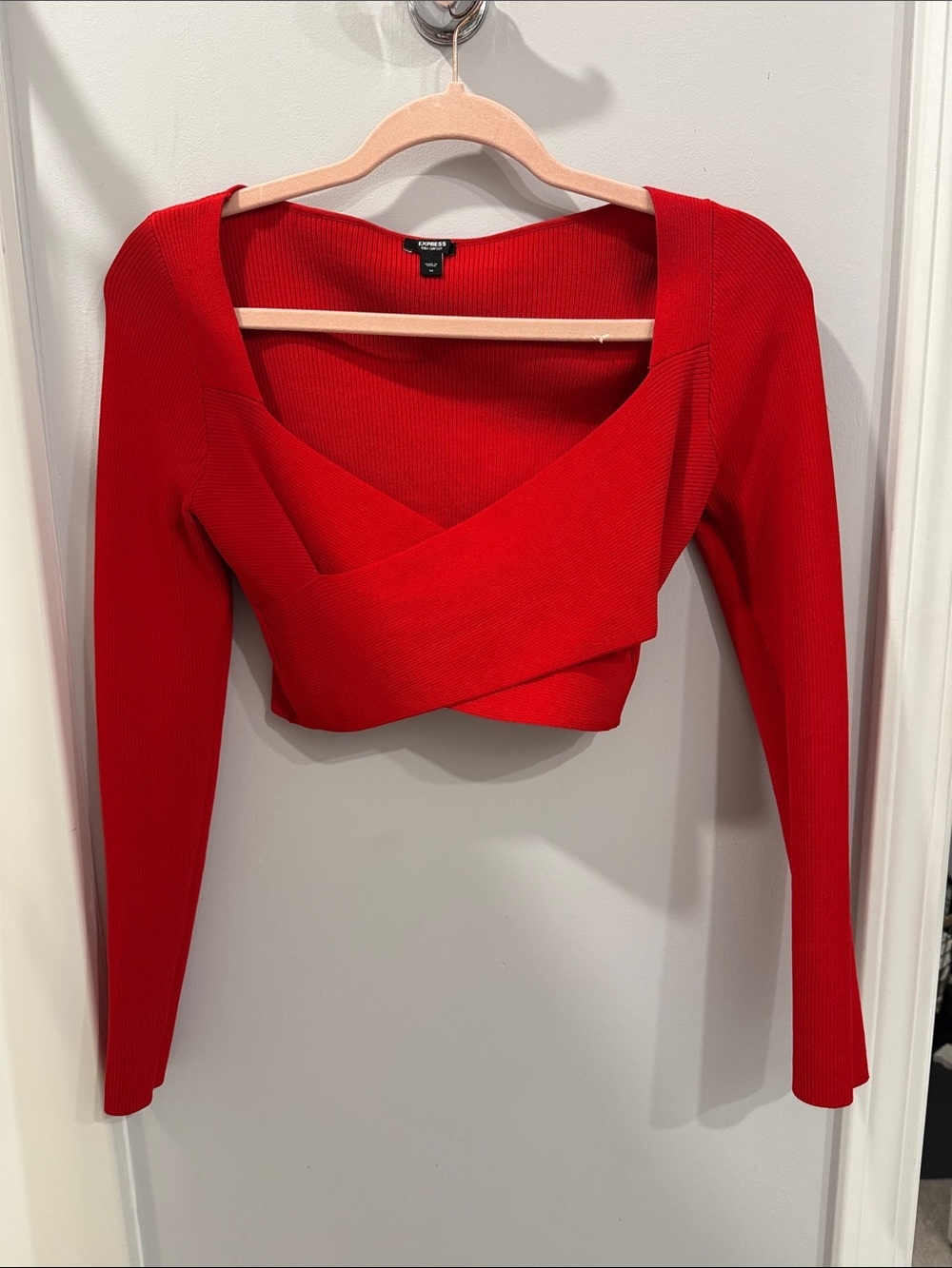 Express Red Ribbed Wrap-Front Crop Top - Picture 1 of 3